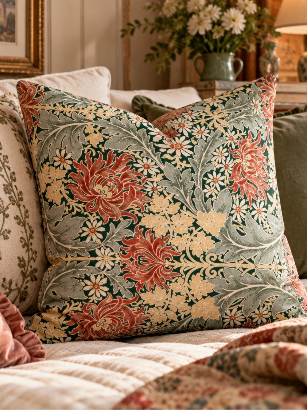William Morris inspo Pottery Barn 24x24 Linen Jacobean Floral Pillow Cover
